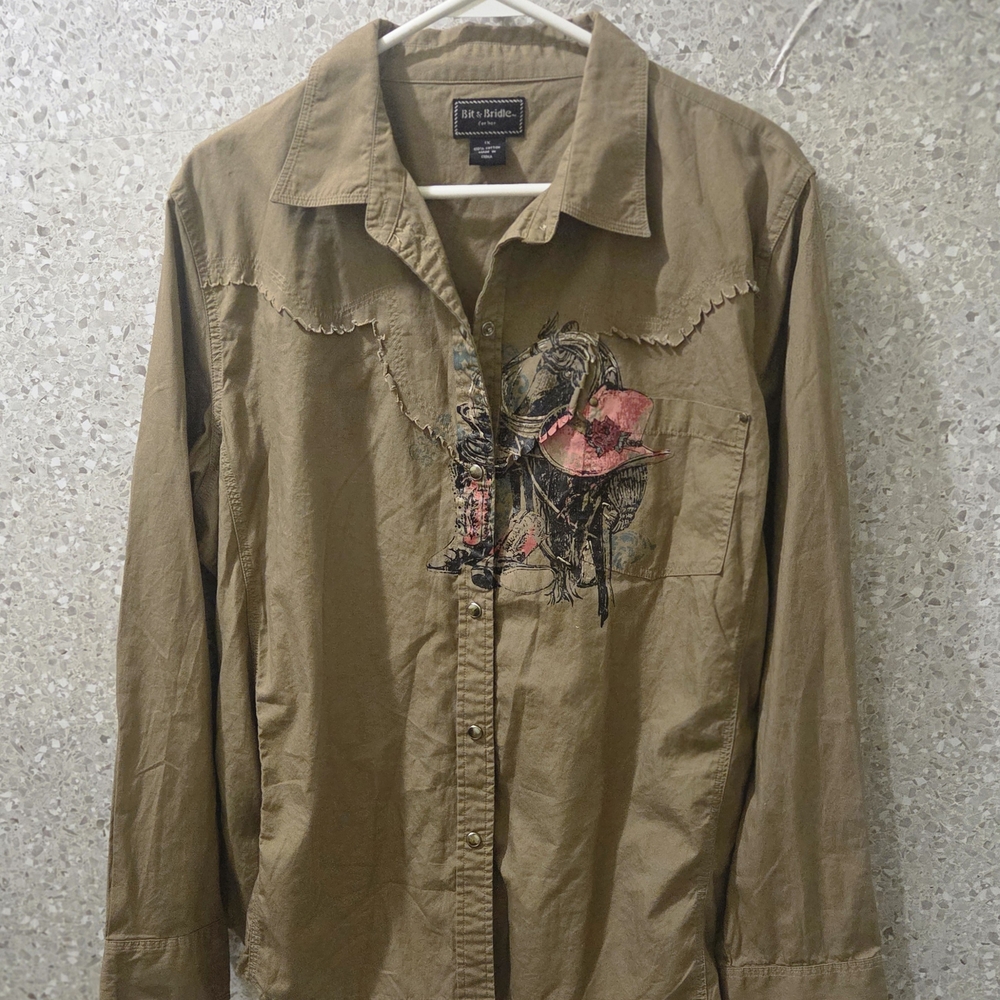 Bit &‎ Bridle Brown Button Down Shirt with Embroidery